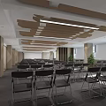 Spacious Conference Room Interior Design With Arranged Chairs Wooden Ceiling And Linear Lights