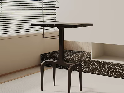 Modern Wooden Side Table With Square Top And Curved Legs Near Window With Blinds 3d model