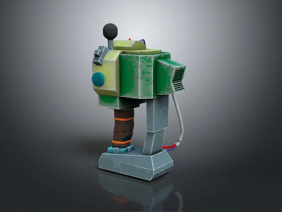 Mechanical Robot Model With Green Body Antenna Vent Blue Circle And Gray Base 3d model