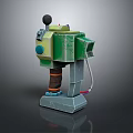Mechanical Robot Model With Green Body Antenna Vent Blue Circle And Gray Base 3d model