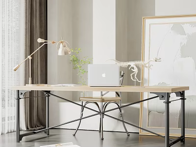 Modern Office Desk With Wooden Top Metal Frame Laptop Desk Lamp Green Plant And Chair 3d model