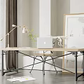 Modern Office Desk With Wooden Top Metal Frame Laptop Desk Lamp Green Plant And Chair