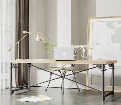 Modern Office Desk With Wooden Top Metal Frame Laptop Desk Lamp Green Plant And Chair 3d model