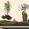 Natural Garden Decorative Pieces Featuring Bamboo Moss Stones and Blue Flowered Tree in Wooden Bowls