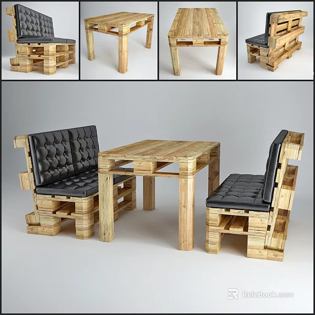 Pallet Wood Dining Table Set with Black Cushioned Chairs and Natural Finish 3d model 