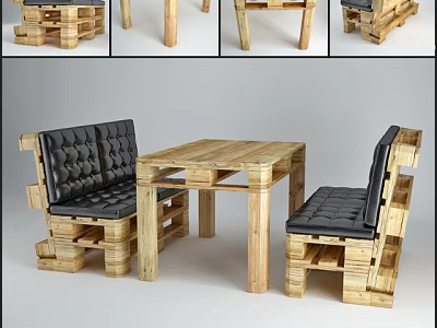 Pallet Wood Dining Table Set with Black Cushioned Chairs and Natural Finish 3d model
