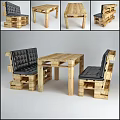 Pallet Wood Dining Table Set with Black Cushioned Chairs and Natural Finish