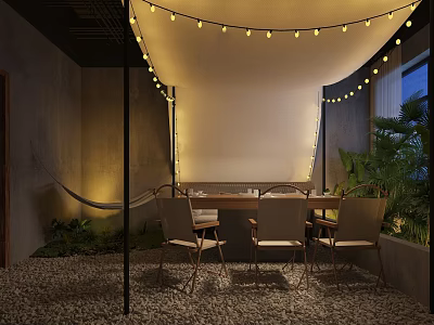 Cozy Private Dining Pod With String Lights Table Chairs And Green Plants 3d model