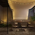 Cozy Private Dining Pod With String Lights Table Chairs And Green Plants 3d model