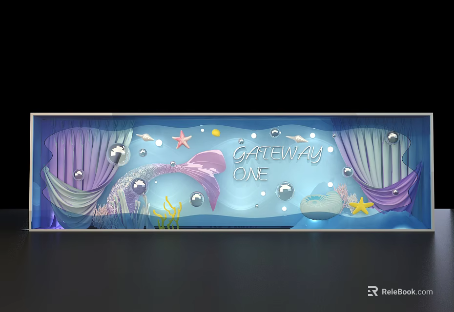 Ocean Themed Window Display with Gateway One Sign Whale Tail Seashells Stars Purple Blue Tones 3d model 