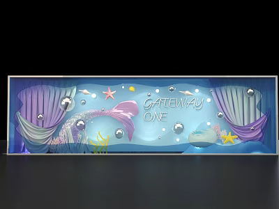 Ocean Themed Window Display with Gateway One Sign Whale Tail Seashells Stars Purple Blue Tones 3d model