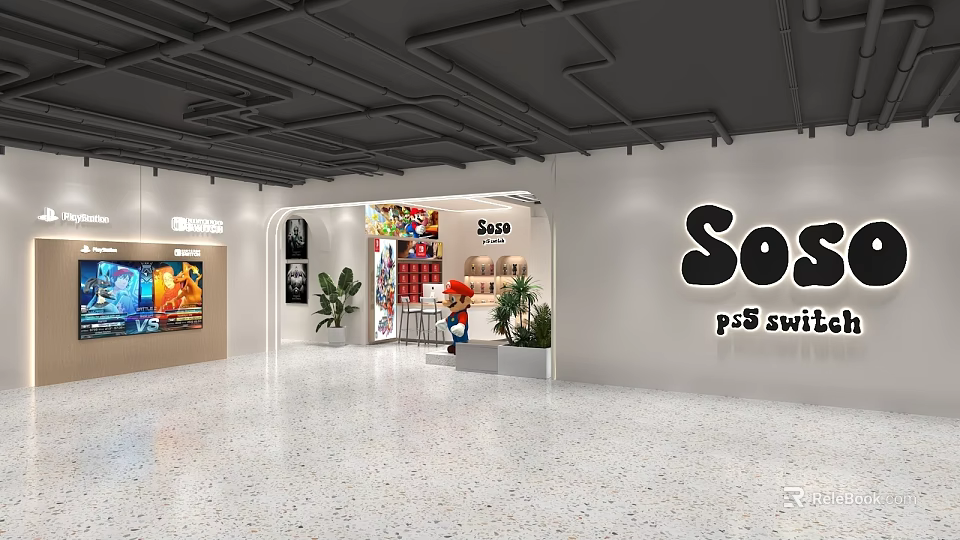Modern Soso Digital Store Featuring PS5 Switch Displays And Interior Decor 3d model 