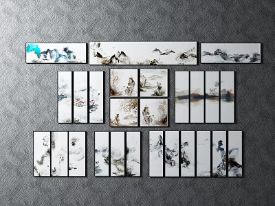Chinese Ink Wash Paintings With Mountain Water Figures For Wall Decor Arrangement 3d model