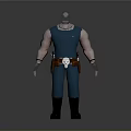Muscular Man Wearing Blue Sleeveless Top Helmet White Skull Belt and Black Boots