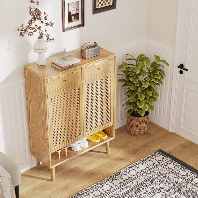 Wooden Shoe Cabinet With Woven Rattan Doors In Entryway Featuring Decor And Potted Plant 3d model 