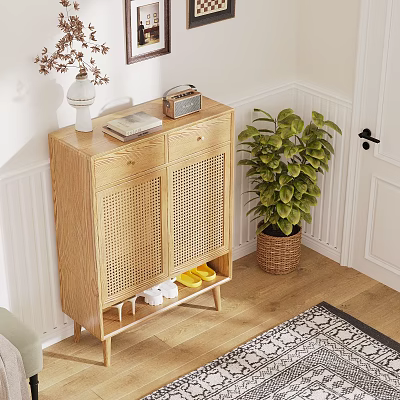 Wooden Shoe Cabinet With Woven Rattan Doors In Entryway Featuring Decor And Potted Plant 3d model