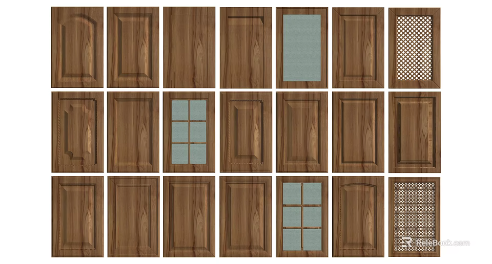 Various Wooden Panel Designs With Glass Inserts And Grid Patterns 3d model 