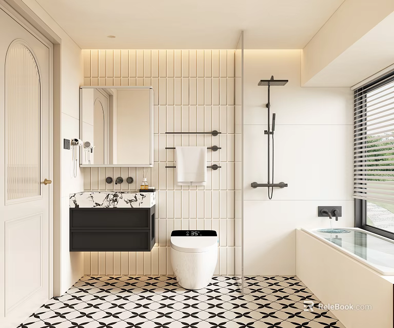 Modern Bathroom Interior With White Tiled Walls Black Vanity Marble Countertop And Geometric Floor Tiles 3d model 