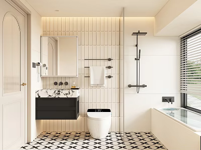 Modern Bathroom Interior With White Tiled Walls Black Vanity Marble Countertop And Geometric Floor Tiles 3d model