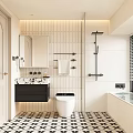 Modern Bathroom Interior With White Tiled Walls Black Vanity Marble Countertop And Geometric Floor Tiles