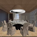 Private Dining Room Interior Featuring Round Table Covered Chairs Ceiling Lamp City View Brick Wall And Mirror