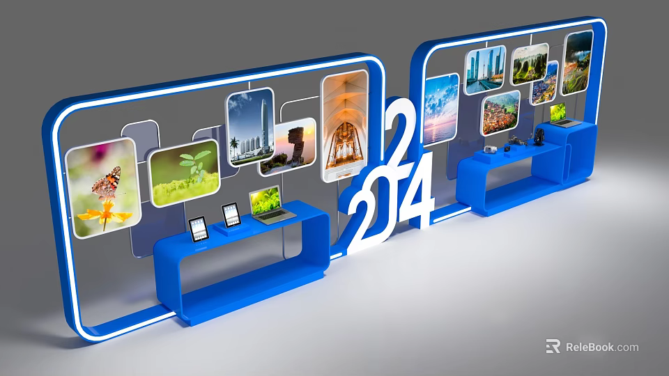 2024 Exhibition Display Booth With Blue Frames Digital Devices And 3d model 