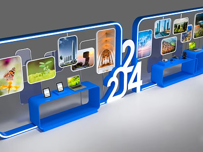 2024 Exhibition Display Booth With Blue Frames Digital Devices And 3d model