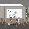 Modern Restaurant Interior Featuring Dining Table Chairs Blue Sphere Decor And Potted Plants