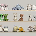 Plush Toys Display on Wooden Shelves with Various Animal Designs Like Cats Dinosaurs And Owls