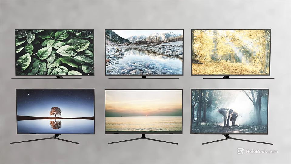 Modern TVs With Multiple Screens Displaying Various Beautiful Nature Scenes 3d model