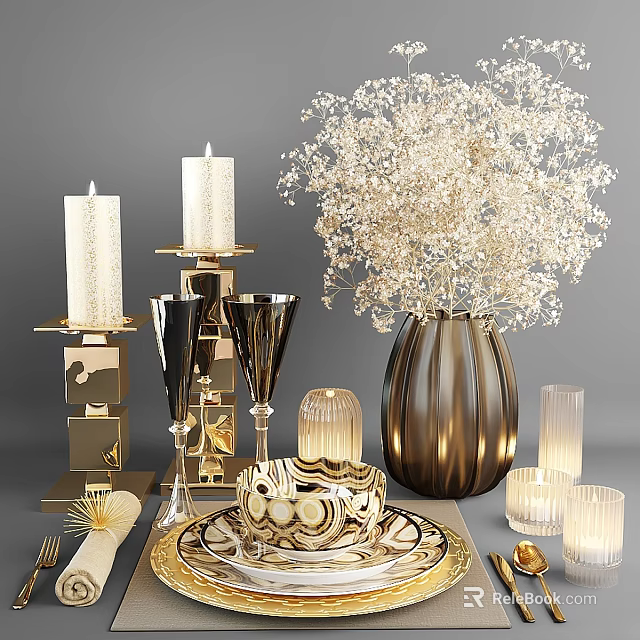Elegant Modern Decorative Ornament Set With Candles Vase Flower Arrangement Wine Glasses And Plate 3d model 