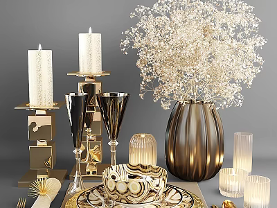 Elegant Modern Decorative Ornament Set With Candles Vase Flower Arrangement Wine Glasses And Plate 3d model