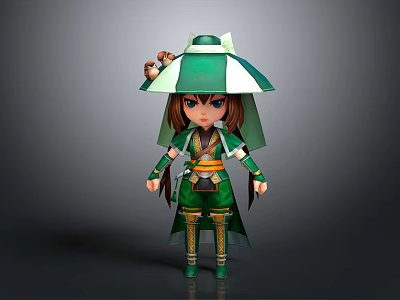 Chibi Game Movie Character With Green White Hat Brown Hair Green Outfit And Gold Details 3d model