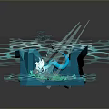Abstract Blue 3D Model Design With Geometric Shapes Green Elements And Light Lines