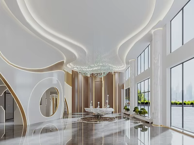 Modern Front Desk Reception Area With Elegant Chandelier And Large Windows 3d model