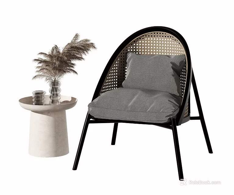 Stylish Accent Chair With Black Frame Woven Backrest Gray Cushion And Side Table With Pampas Grass 3d model 