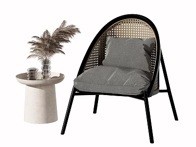 Stylish Accent Chair With Black Frame Woven Backrest Gray Cushion And Side Table With Pampas Grass 3d model