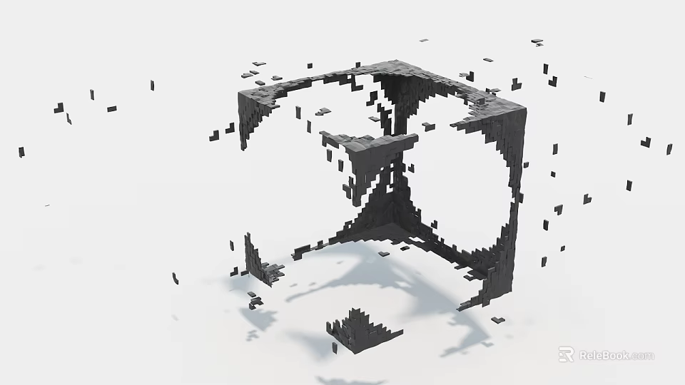 Abstract Black Geometric Sculpture With Fragmented Cube And Floating Pieces 3d model 
