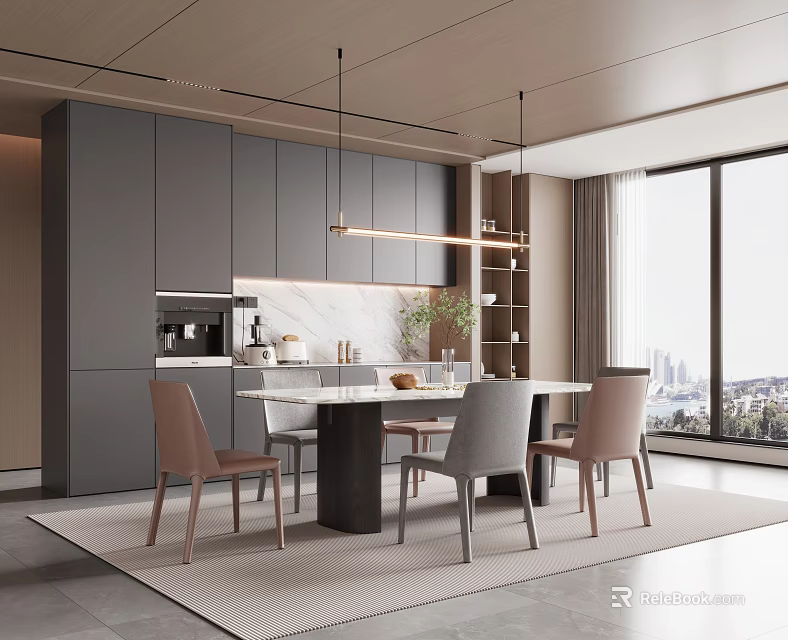 Modern Luxury Restaurant Interior Design With Dining Table Chairs Cabinets And City View Windows 3d model
