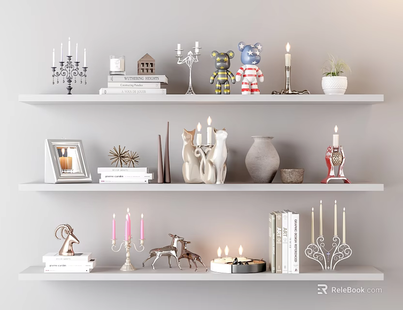 Decorative Candle Holders on White Shelves with Bear Figurine Deer Statue Books and Small Plant 3d model 