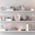 Decorative Candle Holders on White Shelves with Bear Figurine Deer Statue Books and Small Plant