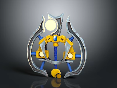 Metallic Fantasy Weapon Design With Blue Yellow Accents Circular Glowing Elements And Sharp Blades 3d model