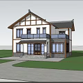 Traditional Chinese Style Two Story House With Tile Roof And Green Surroundings