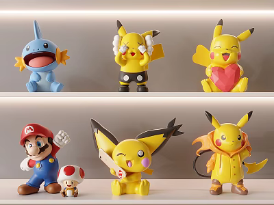 Cute Cartoon Character Decorative Figurine Set With Pikachu Mario And Collectible Figures 3d model