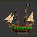 Pirate Ship Model With Brown Hull Green Bottom Multiple Sails And Black Flag