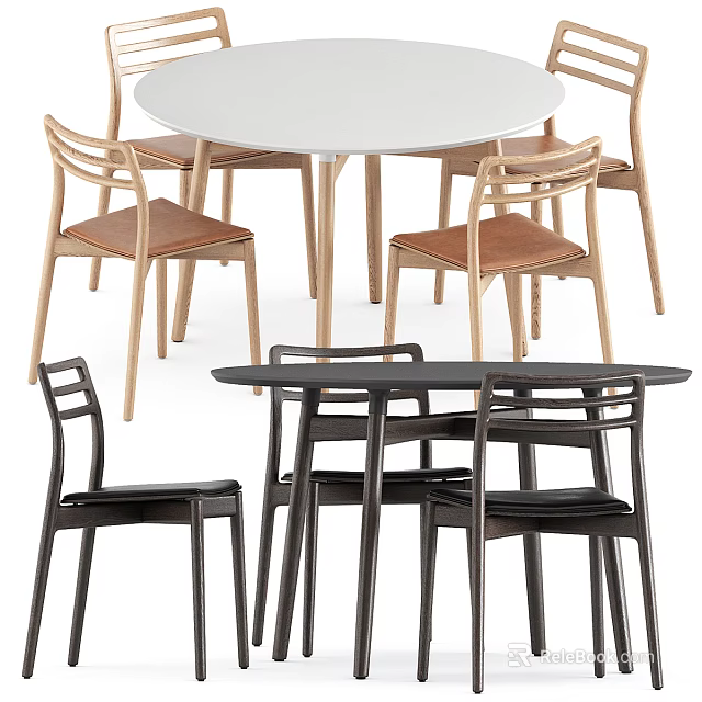 White Round Black Rectangular Dining Table Sets with Light Wood Black Chairs Brown Seats 3d model