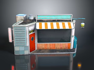 Miniature Shop Model With Orange White Striped Awning Red Door Gray Walls And Hanging Light 3d model