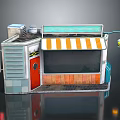 Miniature Shop Model With Orange White Striped Awning Red Door Gray Walls And Hanging Light