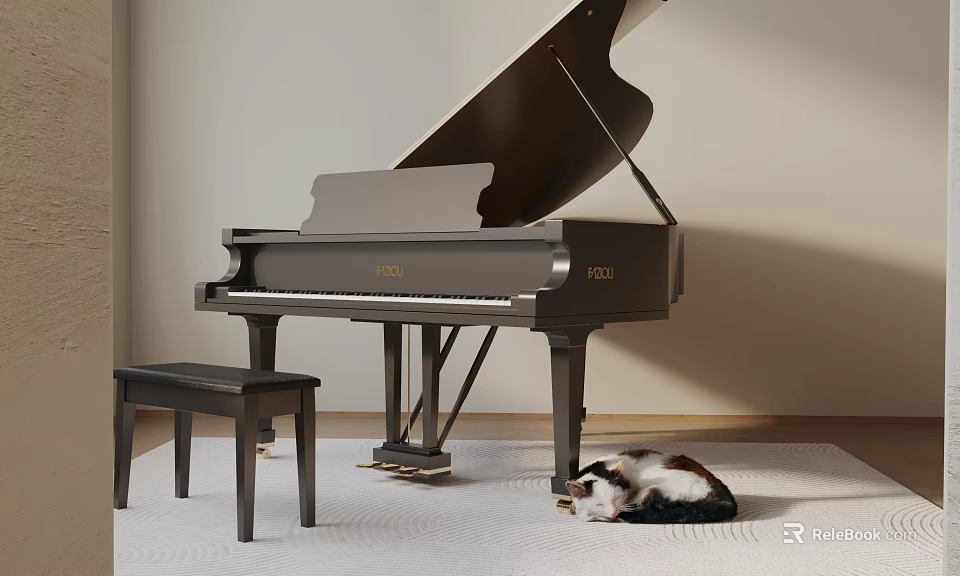 Grand Piano Musical Instrument Black With Wooden Stool And Dog On Carpet 3d model