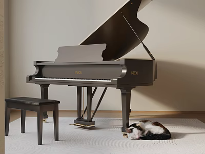 Grand Piano Musical Instrument Black With Wooden Stool And Dog On Carpet 3d model